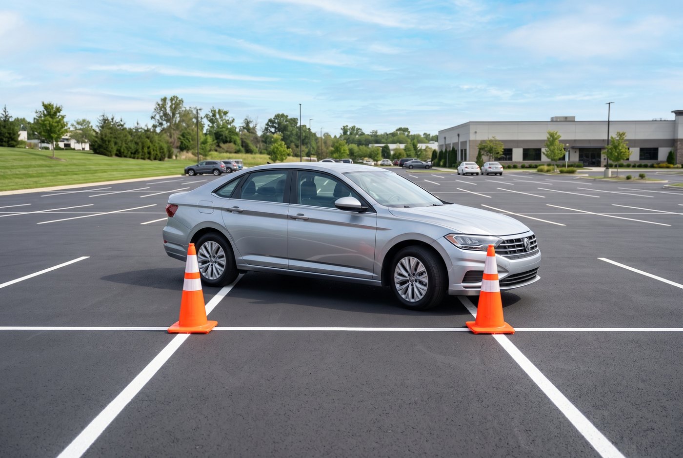 Silver sedan practicing parallel parking between two orange cones